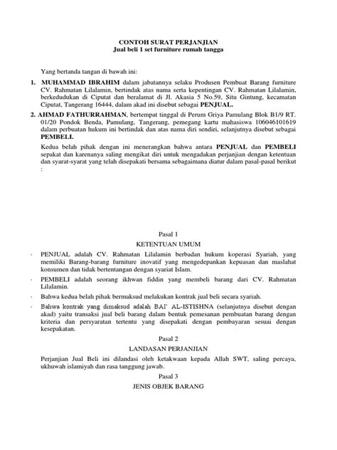Pernyataan ini bisa dipertegas dengan. CONTOH SURAT PERJANJIAN Akad Istishna.docx