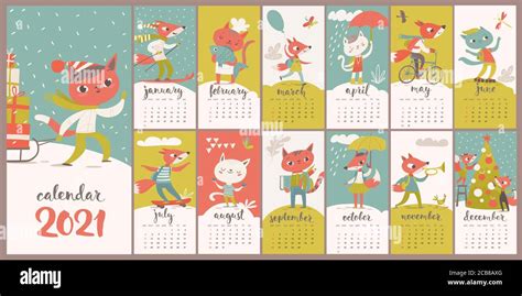 Vector 2021 Calendar With Funny Foxes And Cats In Flat Style Stock