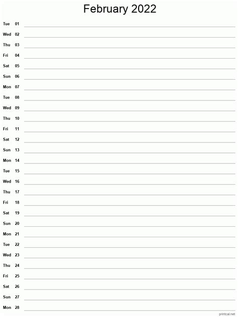 Printable February 2022 Calendar Single Column Notesheet