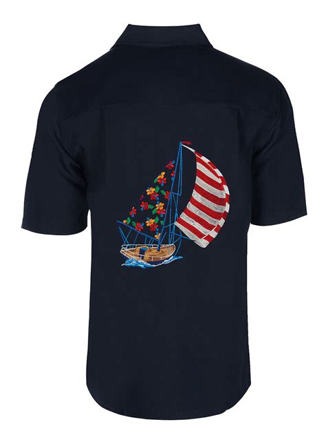 Mens Hawaiian Embroidery Shirt Tropic Sails Weekender Sportswear