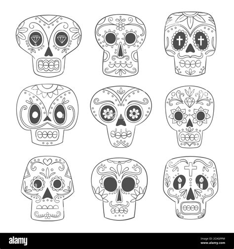 Mexican Skull Set Cute Single Line Sugar Skulls In Cartoon Style