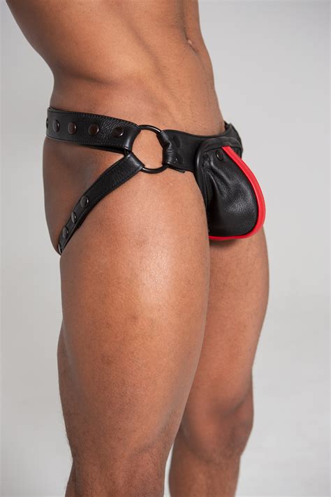 jockstrap black and red leather with black snaps and ring men etsy