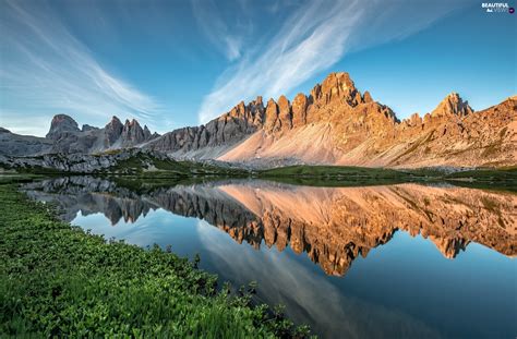 Lake Dolomites Reflection Paternkofel Mountain Mountains Plants Italy Beautiful Views