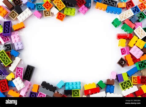 Close Up Of A Cluttered Pile Of Colorful Lego Bricks Viewed From Above