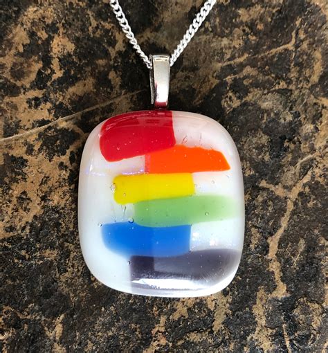 Colorful Rainbow Fused Glass Pendant On White With Curb Chain Necklace