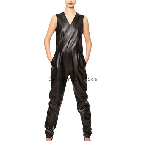 V Neck Front Women Leather Exclusive Jumpsuit Leatherexotica
