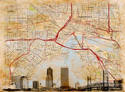 Map Of Downtown Jacksonville Florida And Skyline Blended On Old Paper