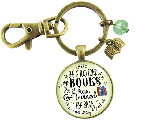 book keychain she is too fond of books louisa may alcott quote jewelry book lovers bronze