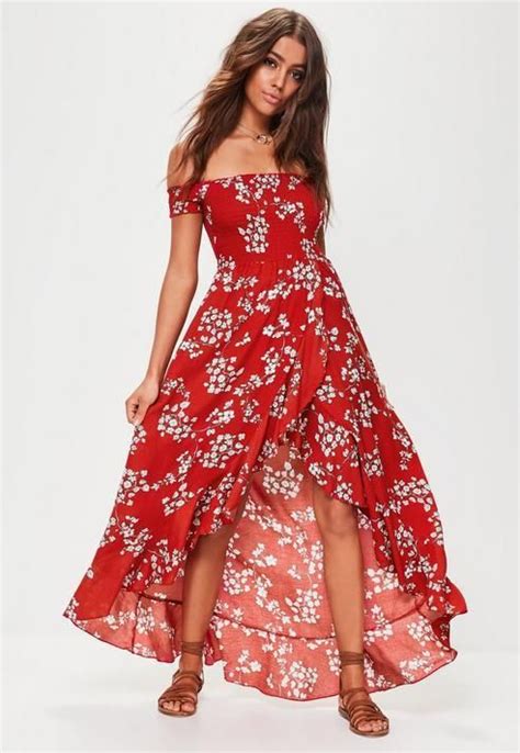 Missguided Red Floral Shirred Maxi Dress Dresses Maxi Dress Red