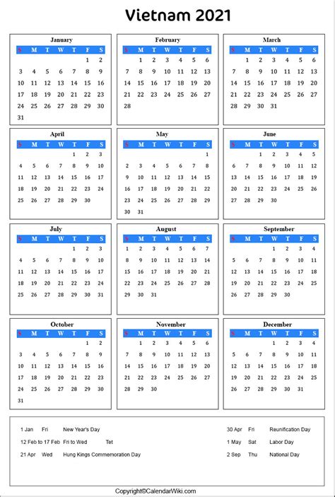 Printable Vietnam Calendar 2021 With Holidays Public Holidays