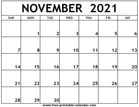 Printable Calendar November 2021 Monthly Example Calendar Printable