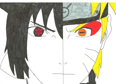 Naruto And Sasuke Half Face Drawing