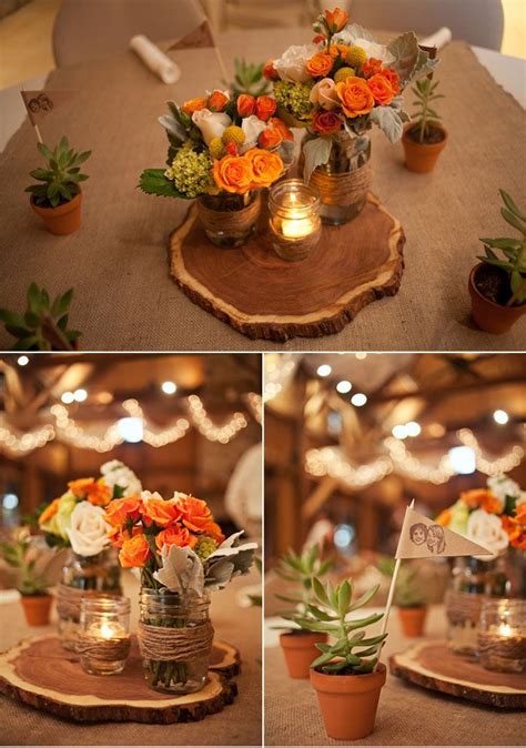 Beautiful Wood Slices As Centerpieces For This Rustic Barn