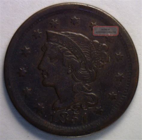 1851 Braided Hair Liberty Head Large Cent Us Copper Type Coin Vf3