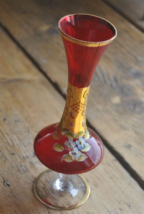 Vintage Ruby Red And Gold Czech Bohemian Glass Bud Vase Hand Painted Enamel Flowers By