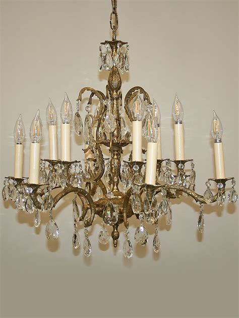 Kichler hendrik 6 light 36 wide chandelier with satin etched glass shades. Vintage Spanish Cast 12 Light Brass & Crystal Chandelier w ...