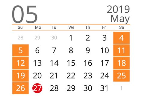 May 2019 Calendar With The Us Holidays