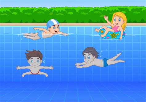 Bienvenido al redimensionador de imágenes. Niños de dibujos animados nadando en la piscina ...
