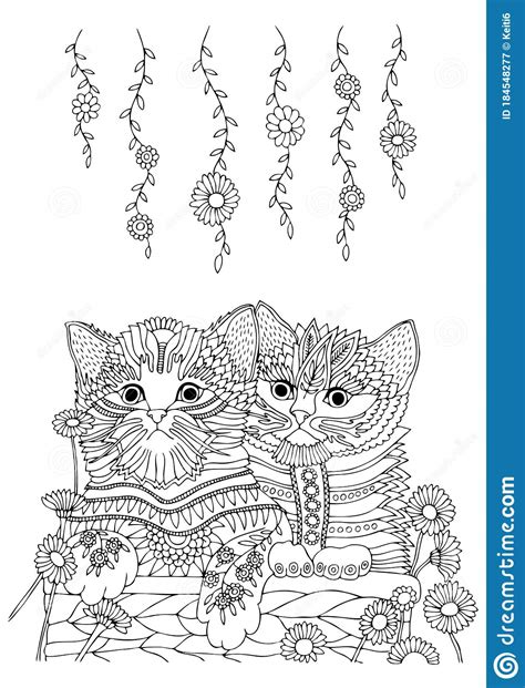 Cat in basket is a beautiful, difficult coloring page that will develop for your kid a good eye for details and learn how to be patient. Two Kittens In A Basket With Daisies, Coloring Page Stock ...