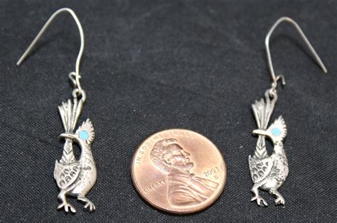 Sterling Silver Navajo Roadrunner Bird Earrings With Turquoise Eyes