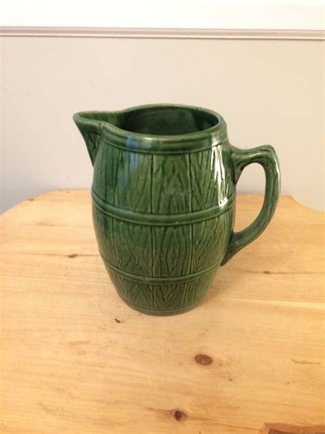 Vintage Genuine McCoy Green Stoneware Barrel Pitcher, Marked with