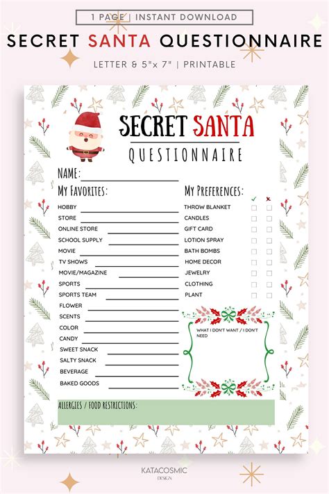 Christmas Secret Santa Questionnaire Invitation T Exchange Form T