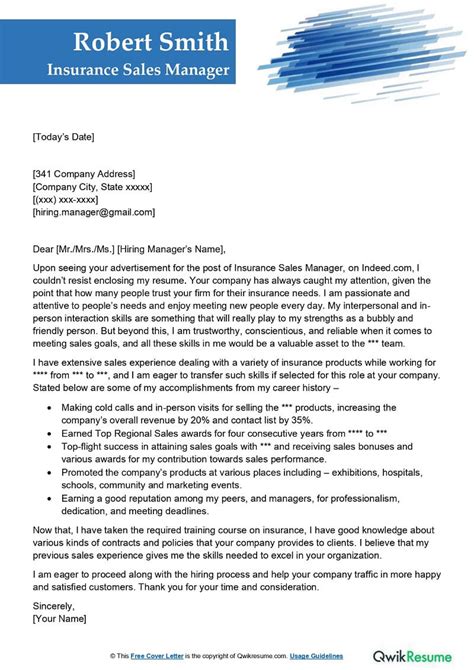 Insurance Sales Manager Cover Letter Examples Qwikresume