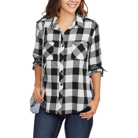Faded Glory Womens Button Front Plaid Shirt With Roll Cuff Detail