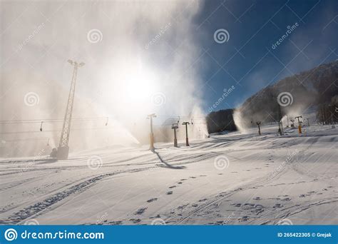 Snowmaking Machine Snow Cannon Or Gun In Action Stock Image Image Of