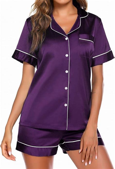 Ekouaer Satin Pajamas Womens Short Sleeve Sleepwear Soft Silk Button Down Loungewear Pjs Shorts
