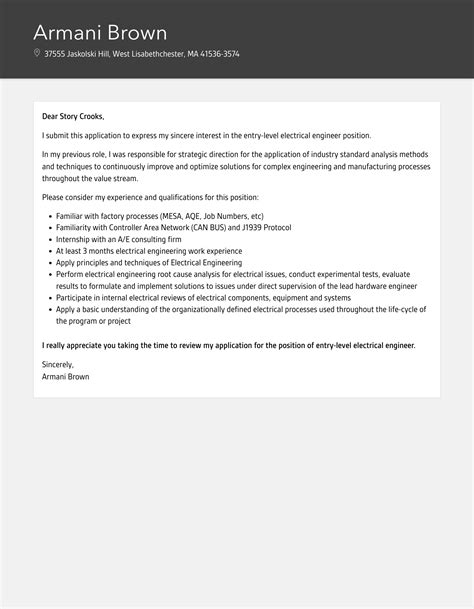 Entry-Level Electrical Engineer Cover Letter | Velvet Jobs