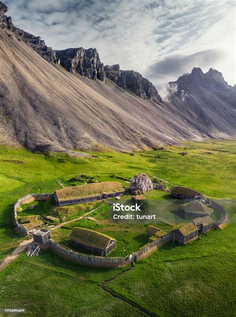 Aerial View Of An Ancient Viking Village And Vestrahorn Mountain