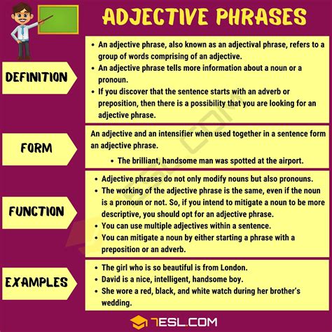 Prepositional phrases consist of a preposition and the words which follow it (a complement). Adjective Phrase Definition And Useful Examples - 7 E S L