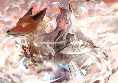 Animal Animal Ears Fan Fox Foxgirl Jpeg Artifacts Katana Long Hair