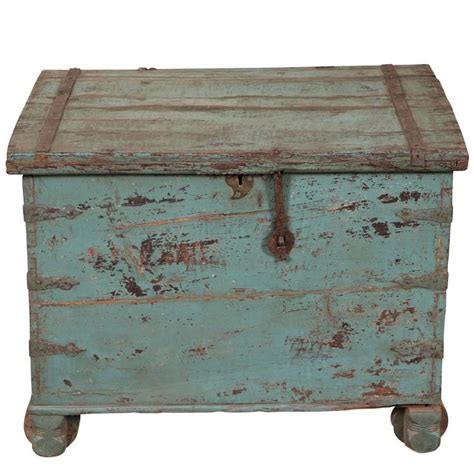Antique Blue Painted Wood Trunk At 1stdibs