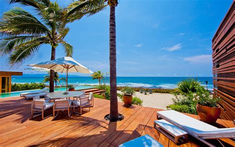 Wallpaper Sea Bay Beach Palm Trees Swimming Pool Resort