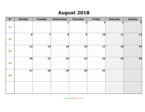 August 2018 Free Printable Calendar Templates