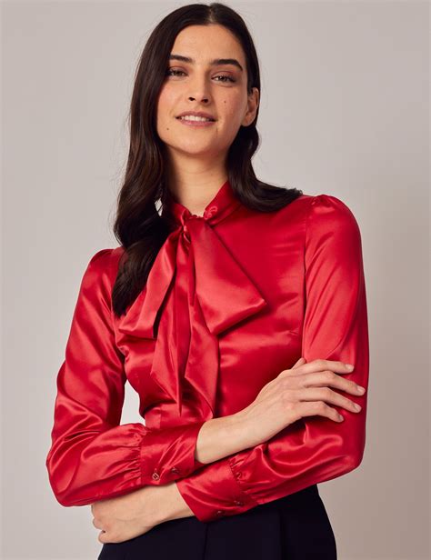 Women S Red Fitted Luxury Satin Blouse Pussy Bow