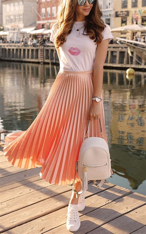 Peach Pleated Skirt ♛ Skirt And Sneakers Pleated Skirt Outfit Midi