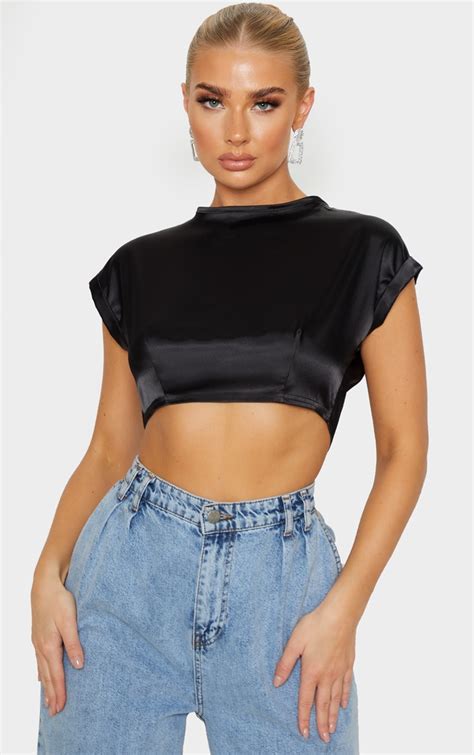 Black Satin Tie Detail Crop Top Tops Prettylittlething Usa