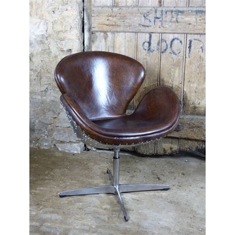 Aviator Chair Swivel With Brown Leather And Metal Backed Rivet Uk