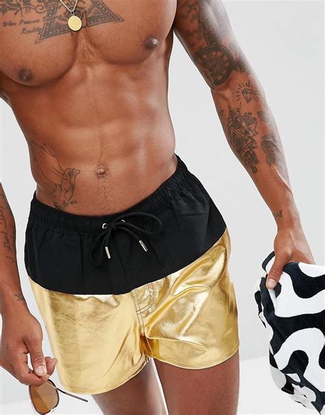 Asos Synthetic Swim Shorts With Metallic Gold Panel In Short Length For