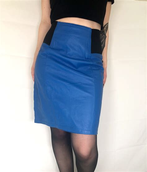Vintage 90s Blue Leather Skirt With Elastic Band Etsy