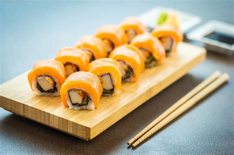 Salmon Fish Meat Sushi Roll Maki On Wood Plate Stock Photo Image Of