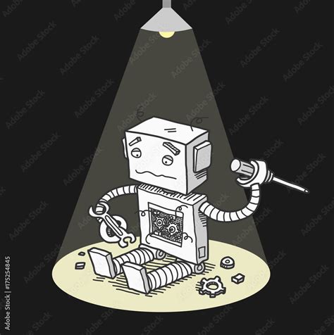 Broken Robot In The Dark Trying To Fix Itself A Hand Drawn Vector