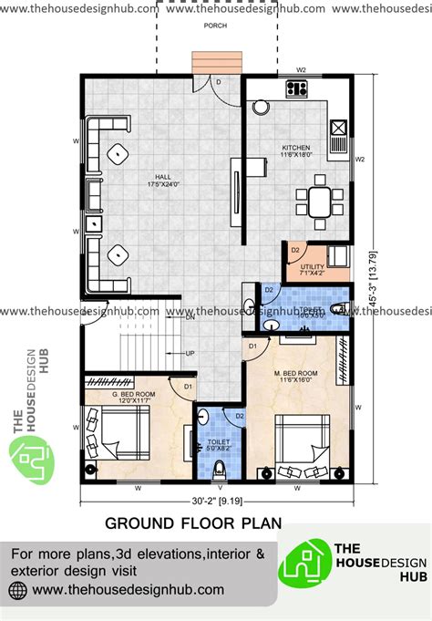 30 X 45 Ft Two Bedroom House Plan Under 1500 Sq Ft The House Design Hub