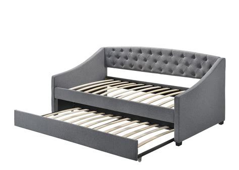 Daybed With Trundle Bed Frame Fabric Upholstery Grey