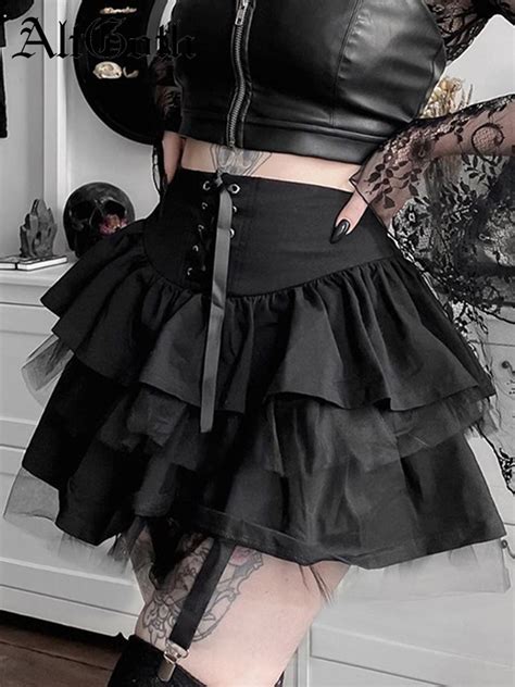 Altgoth Gothic Punk Dark Black Skirt Women Harajuku Y2k Sexy Lace Up