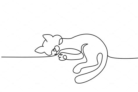 One Line Drawing Cat Sitting With By Valenty On Creativemarket In