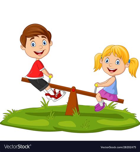 Cartoon Kids Playing On Seesaw In Park Royalty Free Vector